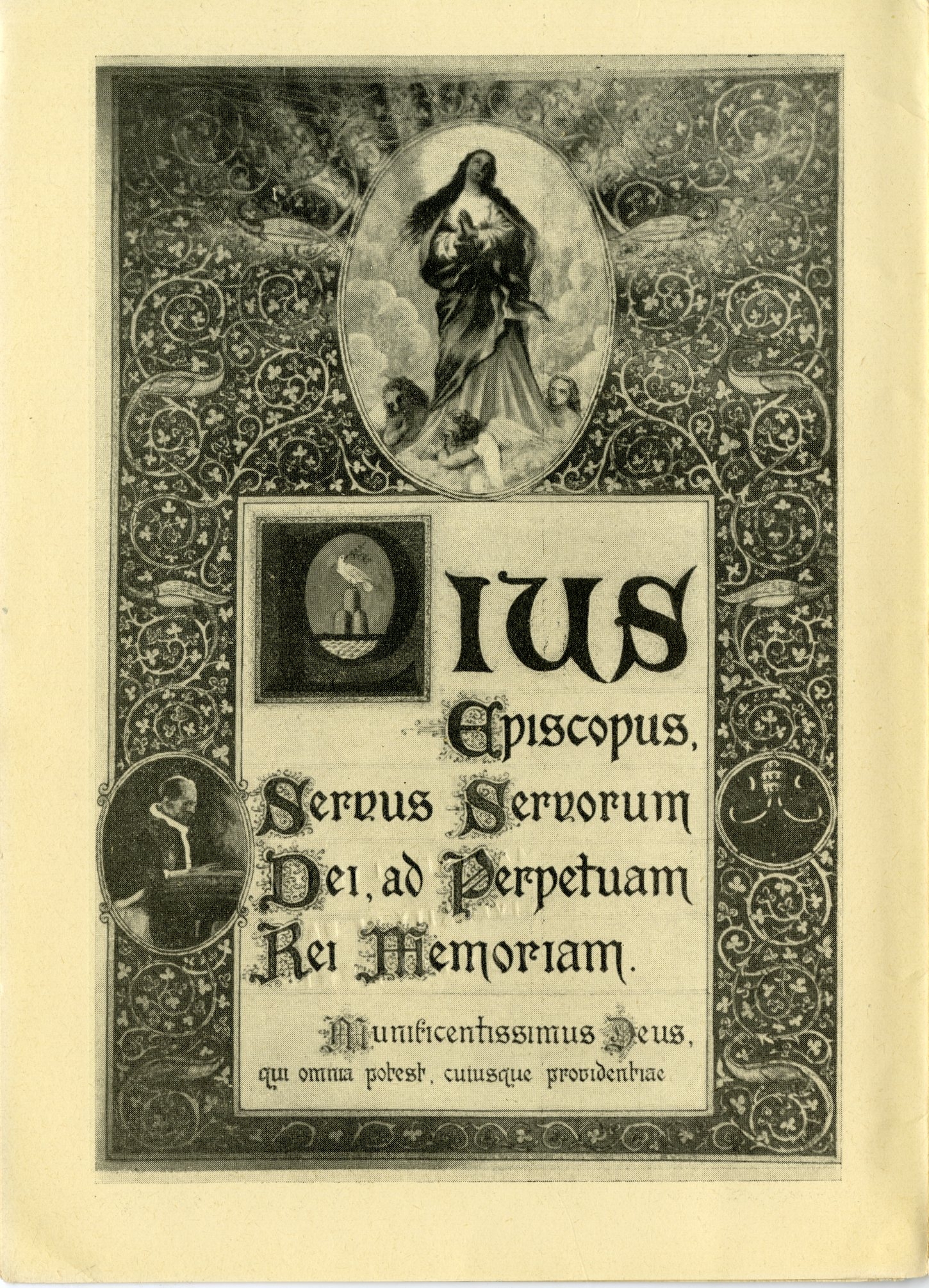 Title page from a miniature facsimile of Munificentissimus Deus, the Apostolic constitution written by Pope Pius XII declaring the Assumption of Mary as a dogma.